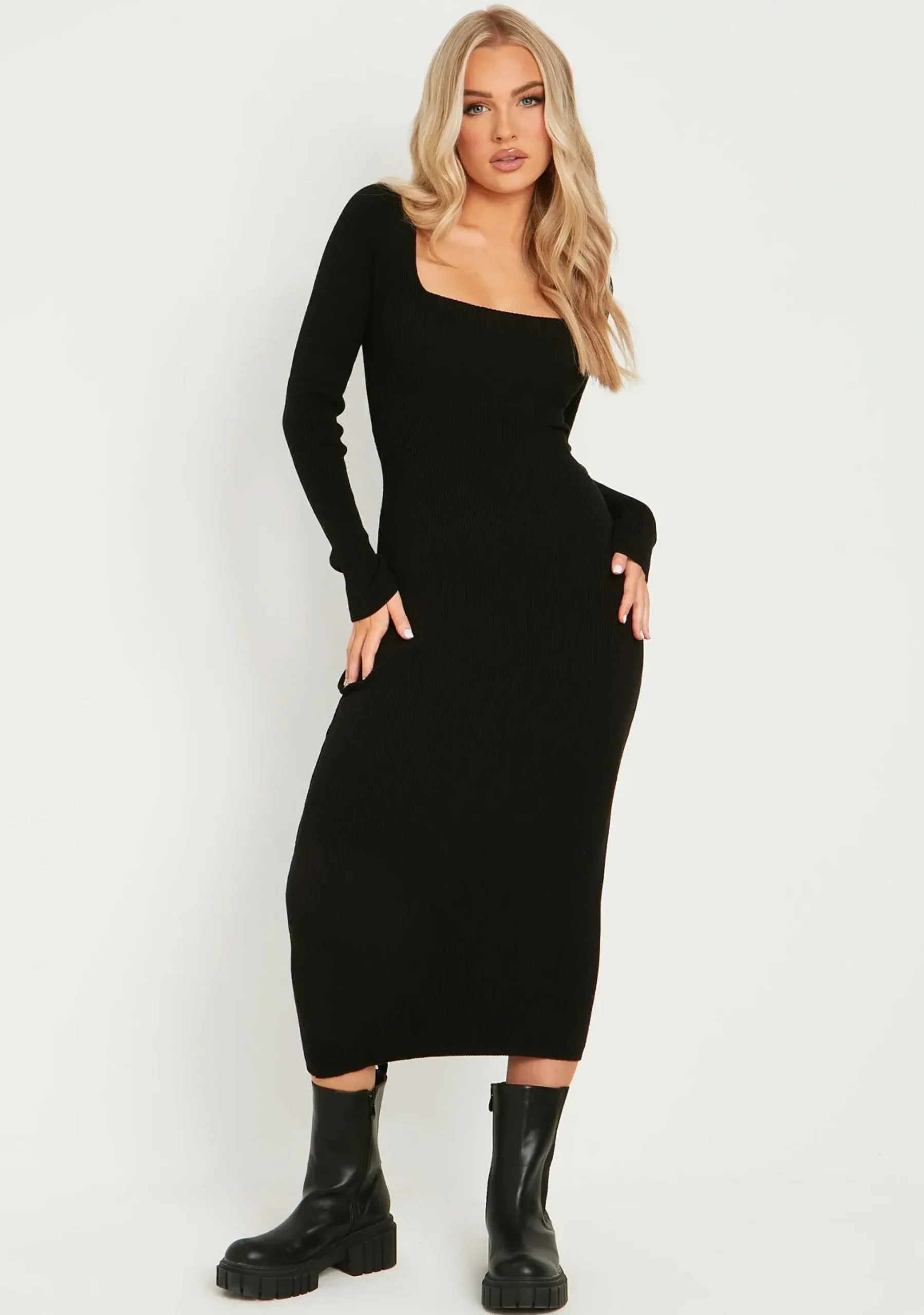 Flash Sale Kim Black Knit Square Neck Long Sleeve Midi Dress Women Dresses
