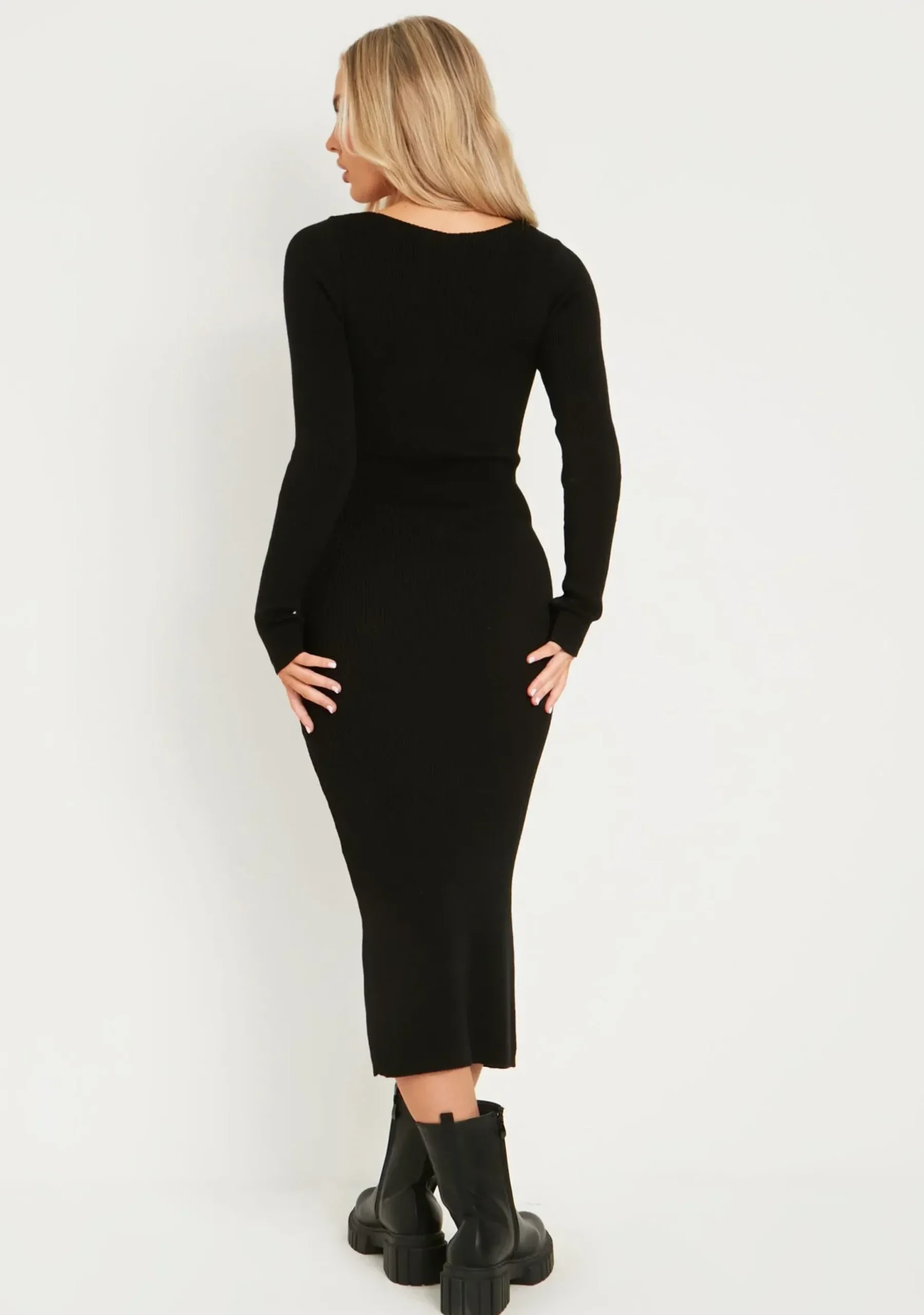Flash Sale Kim Black Knit Square Neck Long Sleeve Midi Dress Women Dresses