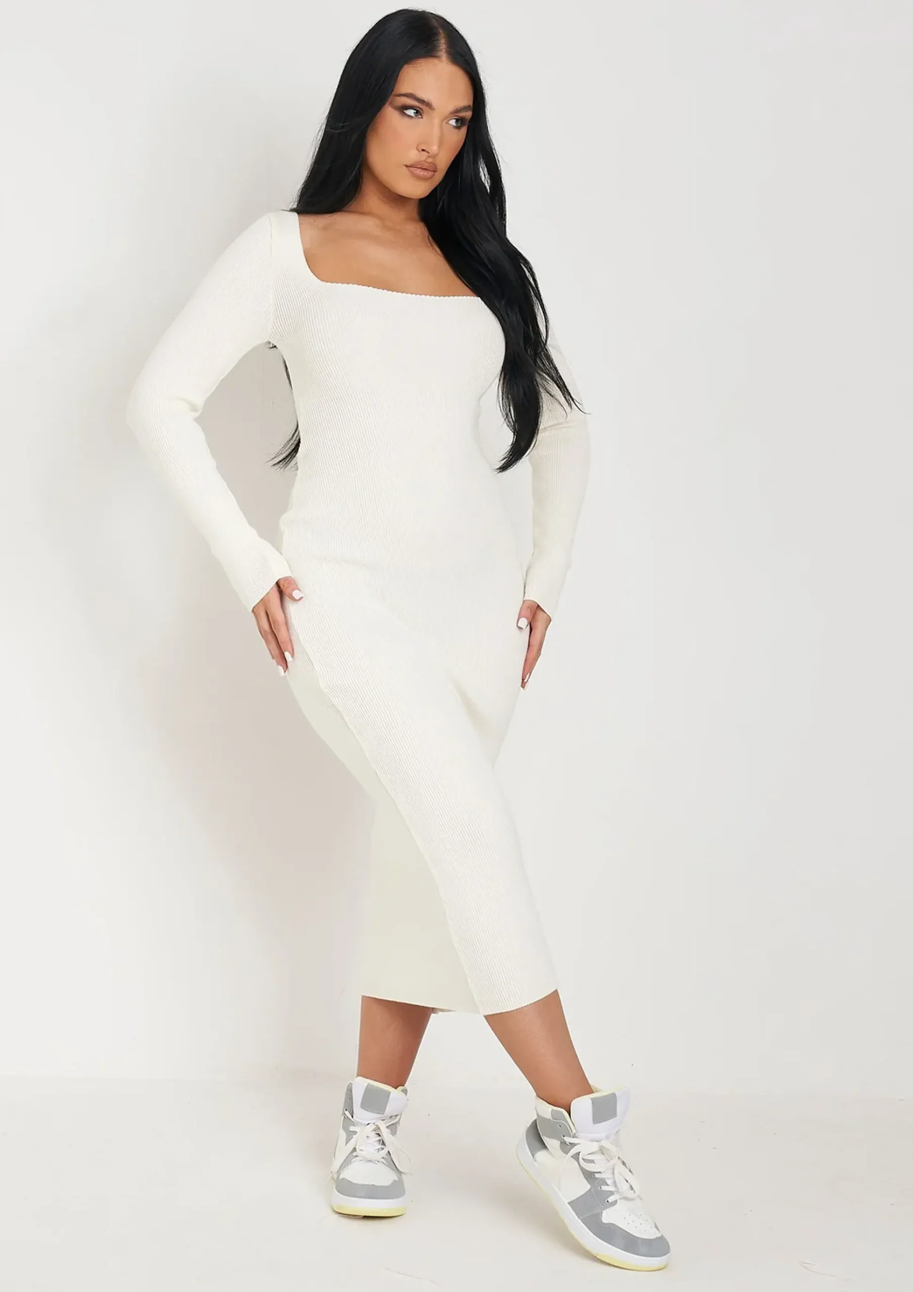 Best Kim Cream Knit Square Neck Long Sleeve Midi Dress Women Dresses