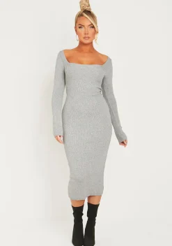 Clearance Kim Light Grey Knit Square Neck Long Sleeve Midi Dress Women Dresses