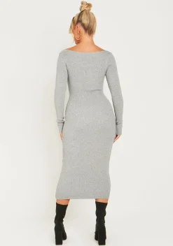 Clearance Kim Light Grey Knit Square Neck Long Sleeve Midi Dress Women Dresses