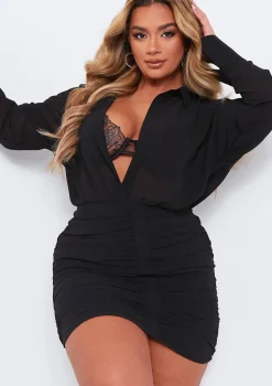 Fashion Kirsty Black Long Sleeve Plunge Front Ruched Skirt Mini Dress Women Dresses