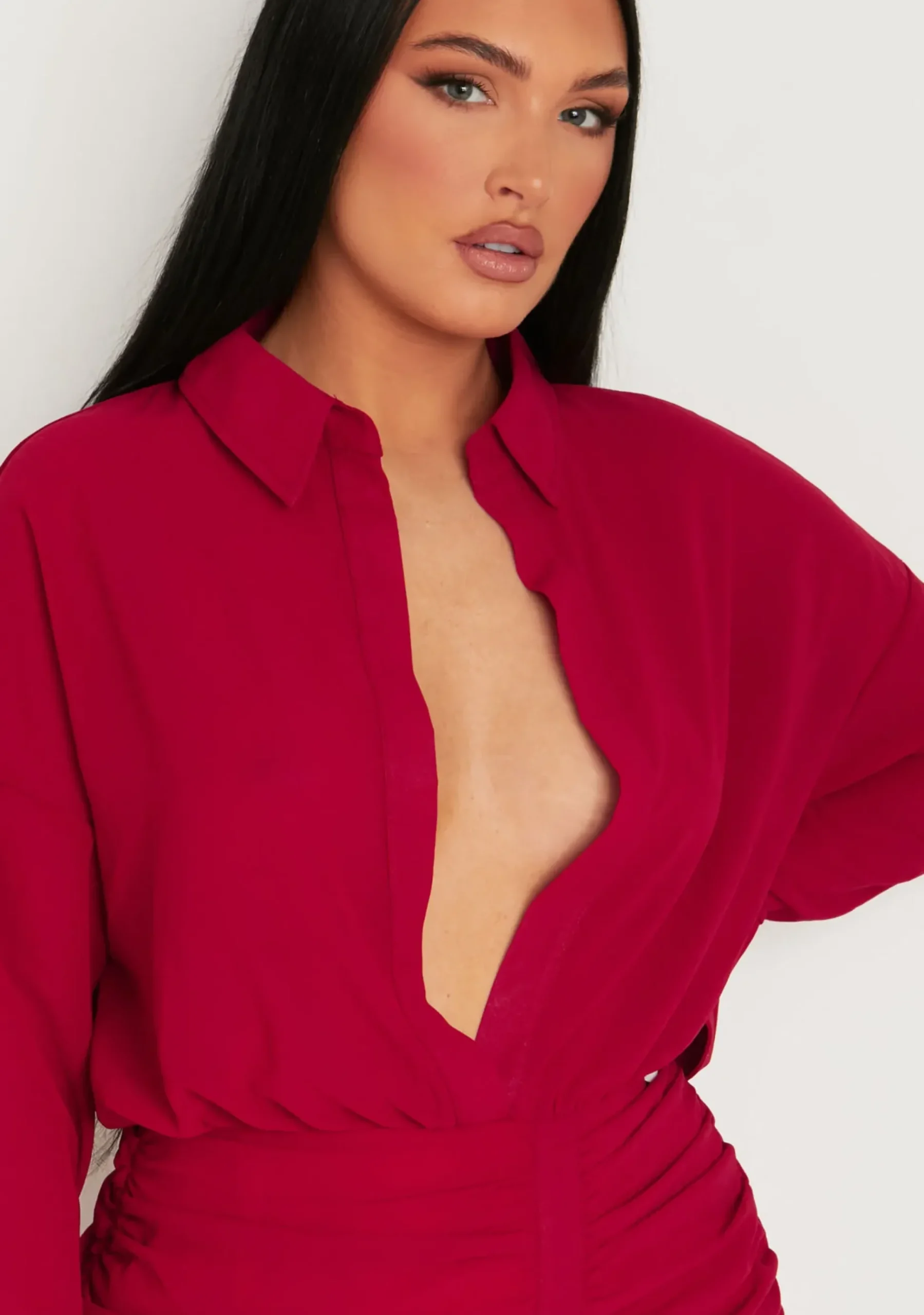 Shop Kirsty Burgundy Long Sleeve Plunge Front Ruched Skirt Mini Dress Women Dresses