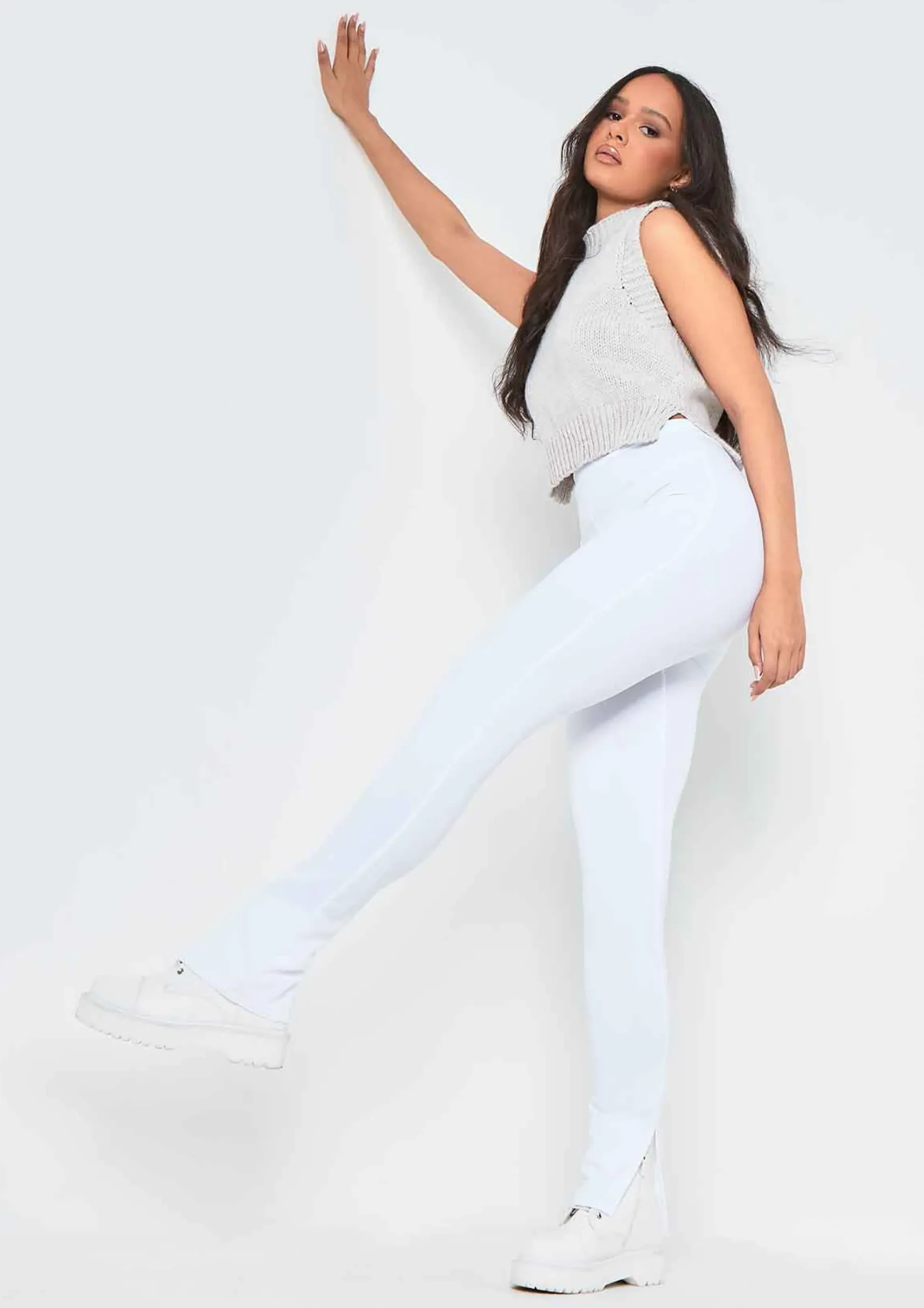 Clearance Kourtney White Plain Inside Split Trousers Women Trousers