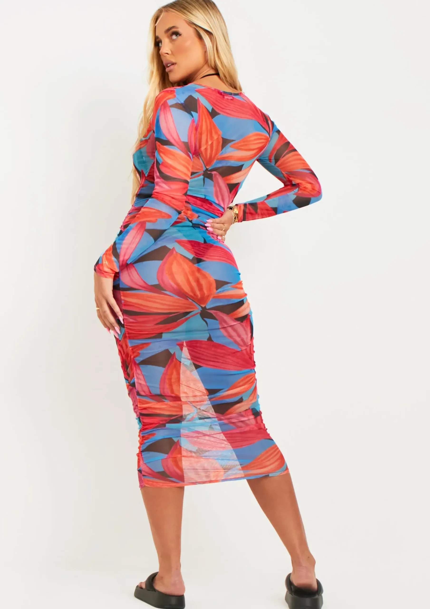 Cheap Kylie Blue Leaf Print Ruched Mesh Midi Dress Women Dresses