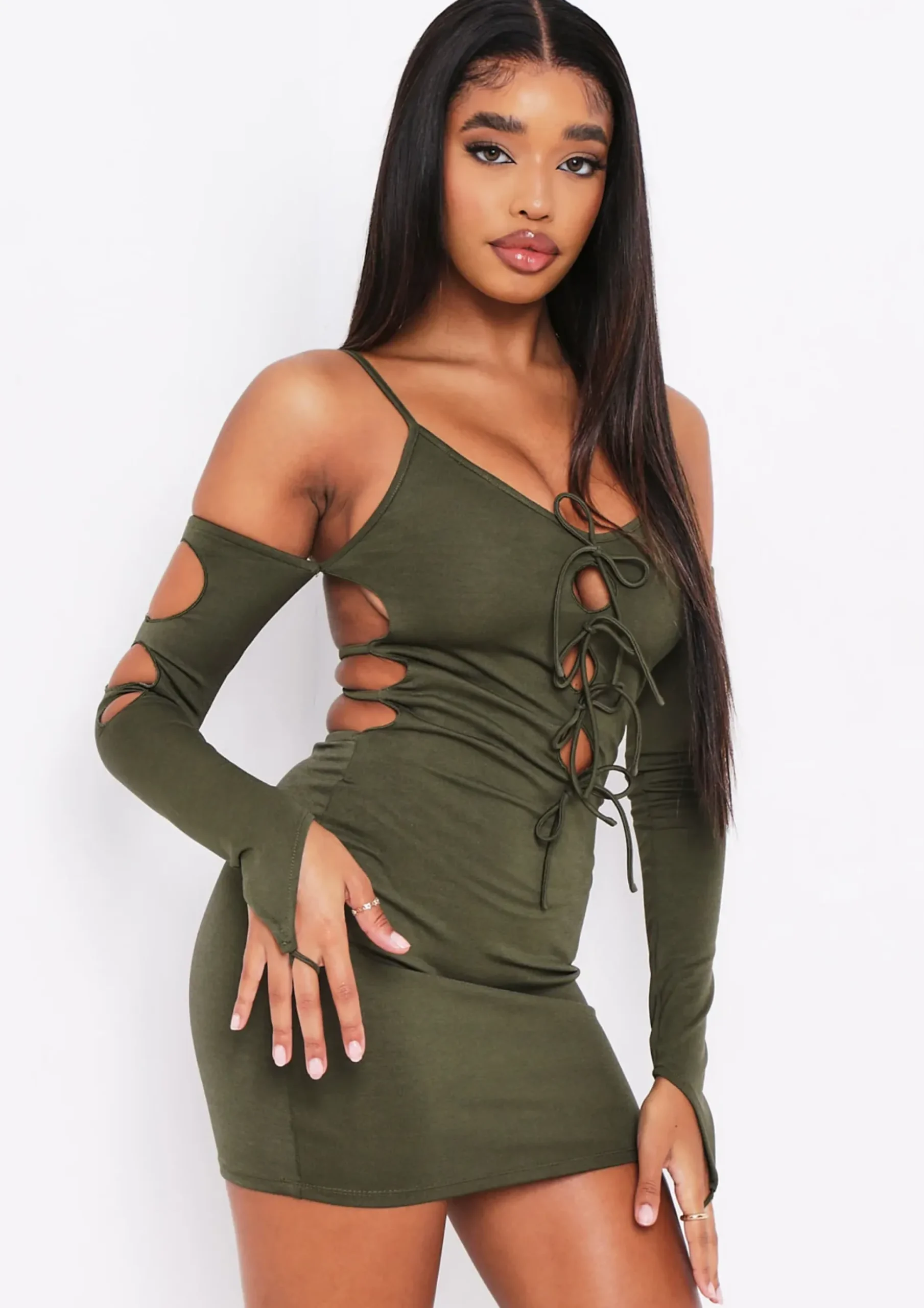 Fashion Lalie Khaki Cut Out Tie Mini Dress Women Dresses