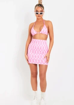 Lana Pink Checkerboard Print Mini Skirt^Missy Empire Discount
