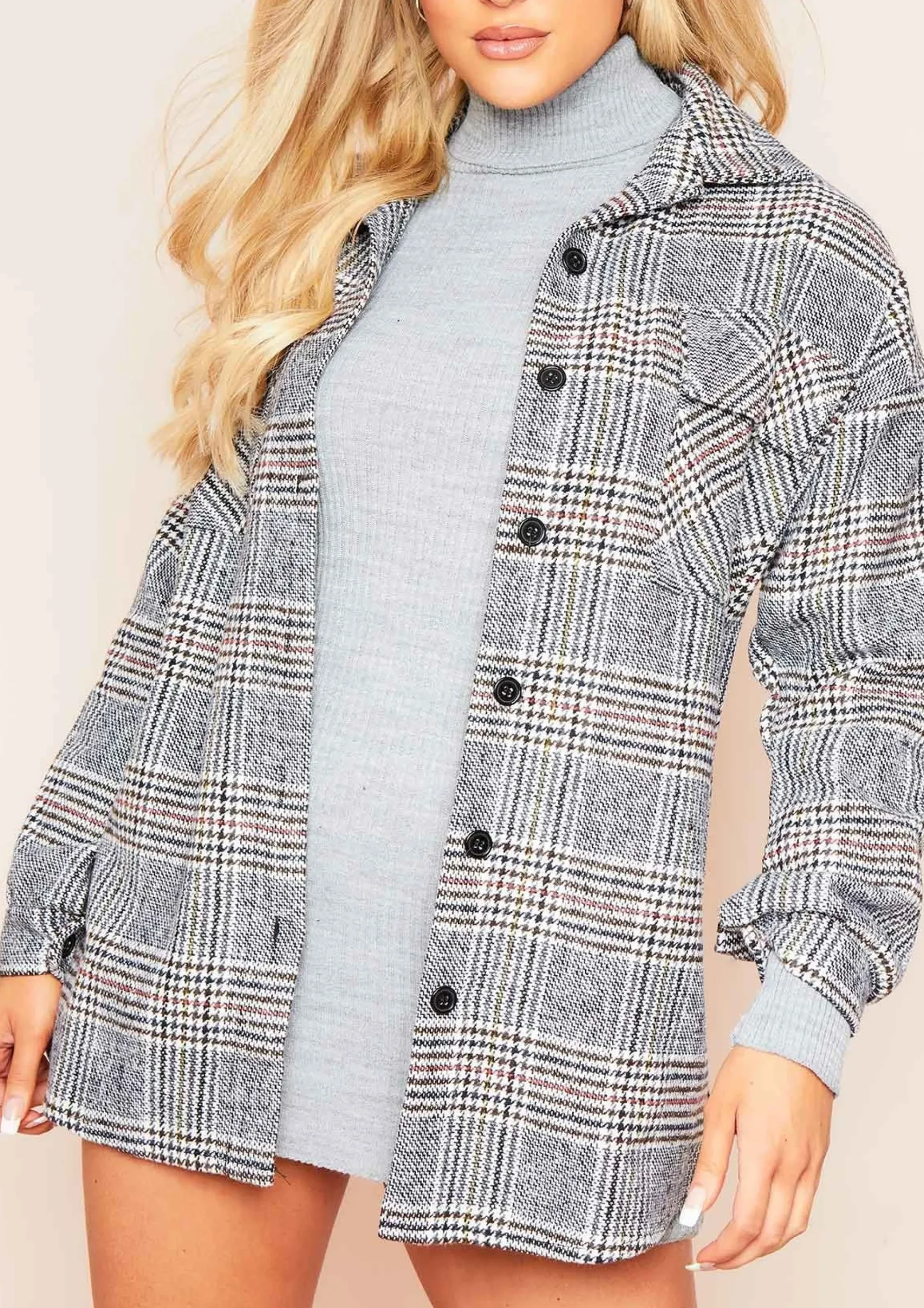 Lara Grey Multi Check Print Oversized Shacket^Missy Empire Best Sale