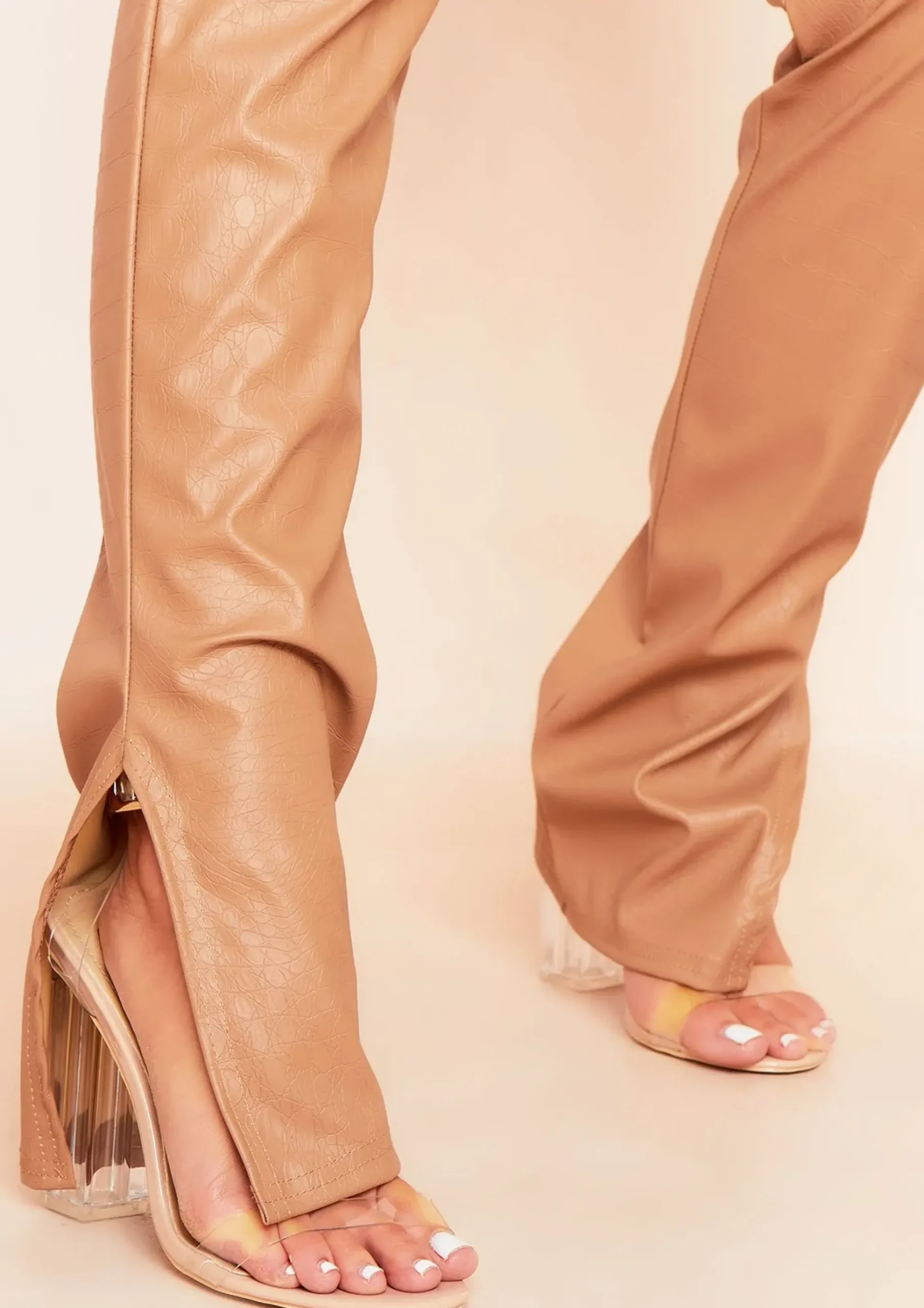 Fashion Laura Camel Croc Split Hem Leather Trousers Women Trousers