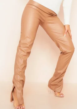 Fashion Laura Camel Croc Split Hem Leather Trousers Women Trousers