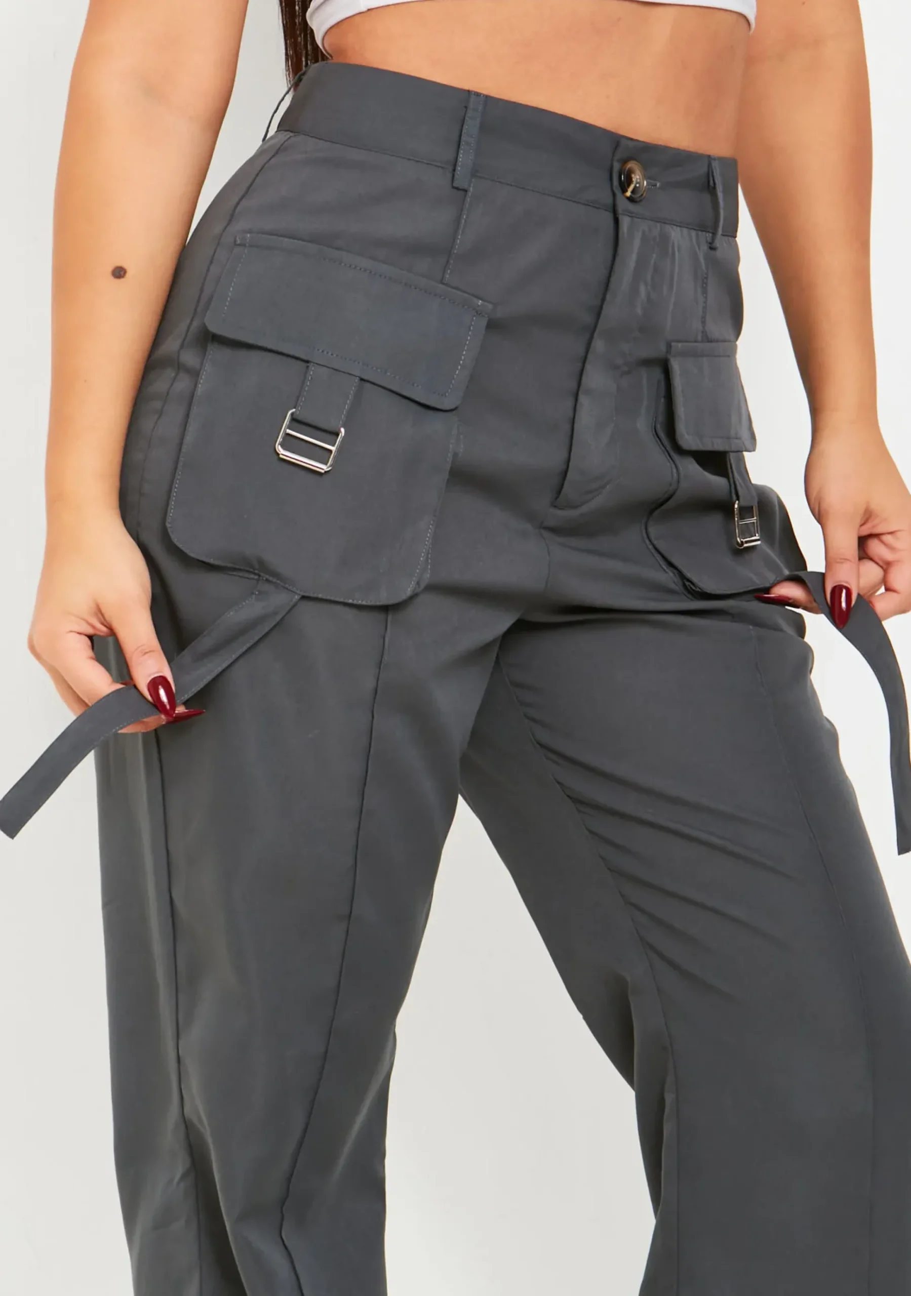 Cheap Laura Charcoal Pocket Detail Straight Leg Cargo Trousers Women Trousers