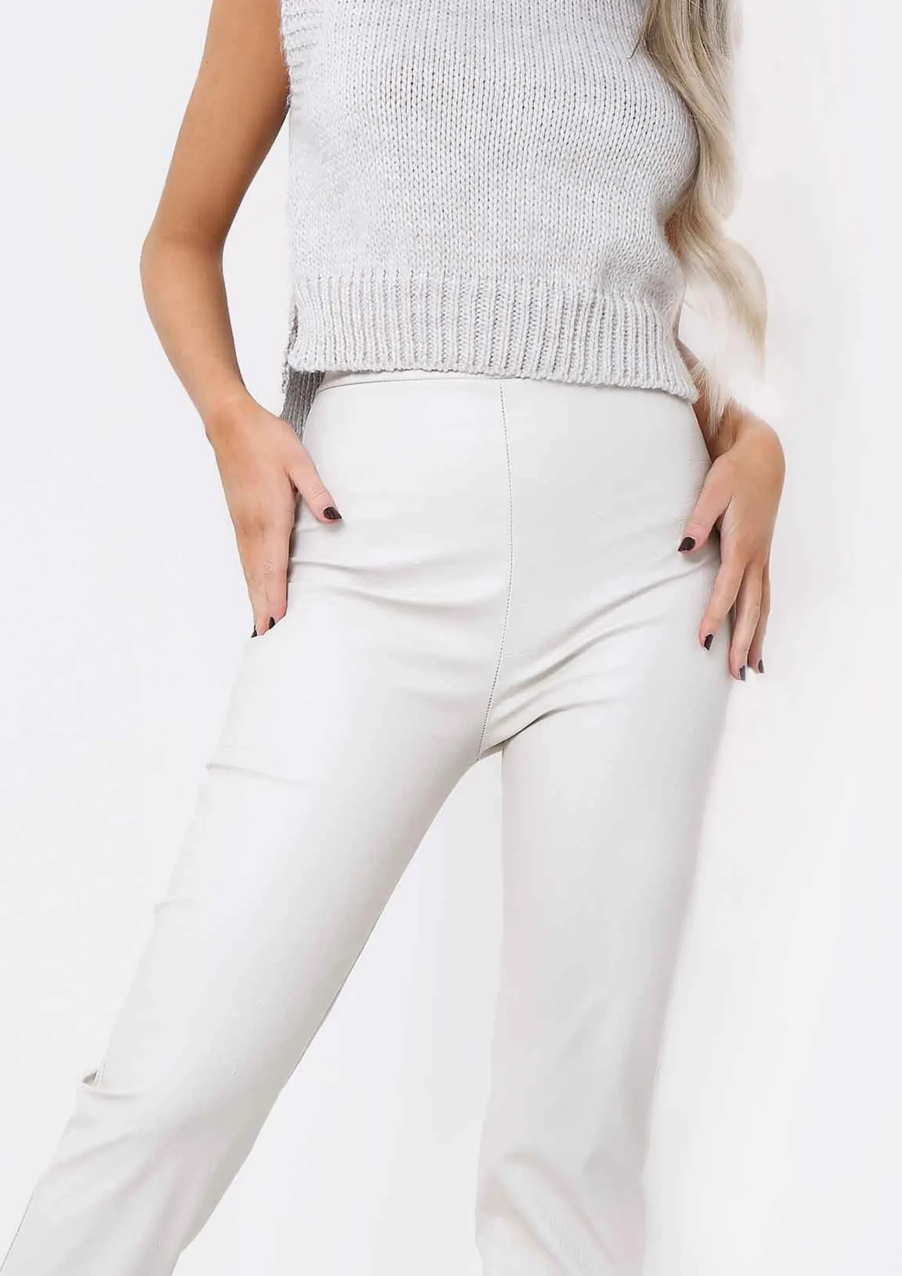 Fashion Laura Cream Croc Split Hem Leather Trousers Women Trousers