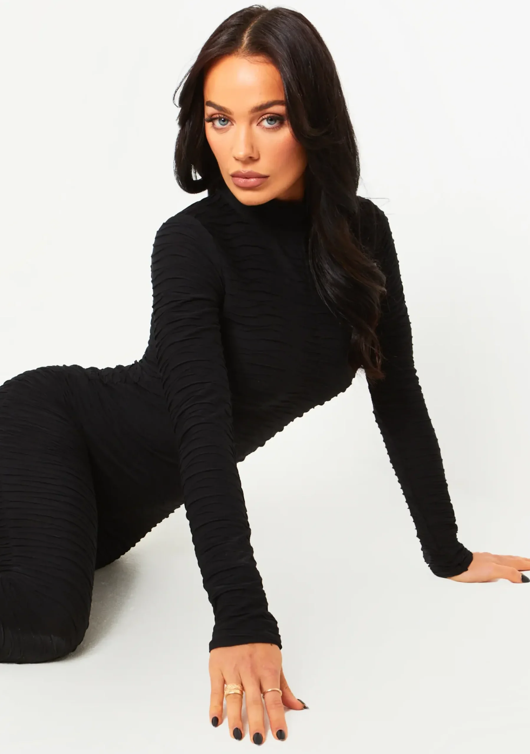 Hot Laura Black Textured Zip Through Jumpsuit Women Jumpsuits & Playsuits