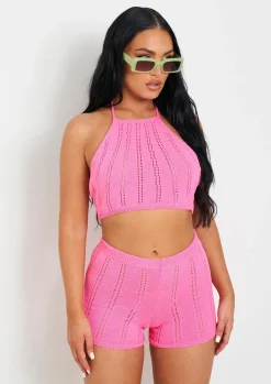 Laylani Pink Stitch Detail Knit Halter Neck Top^Missy Empire Best