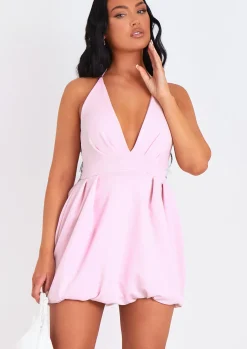 Discount Layla Pink Scuba Puffball Halter Neck Plunge Mini Dress Women Dresses