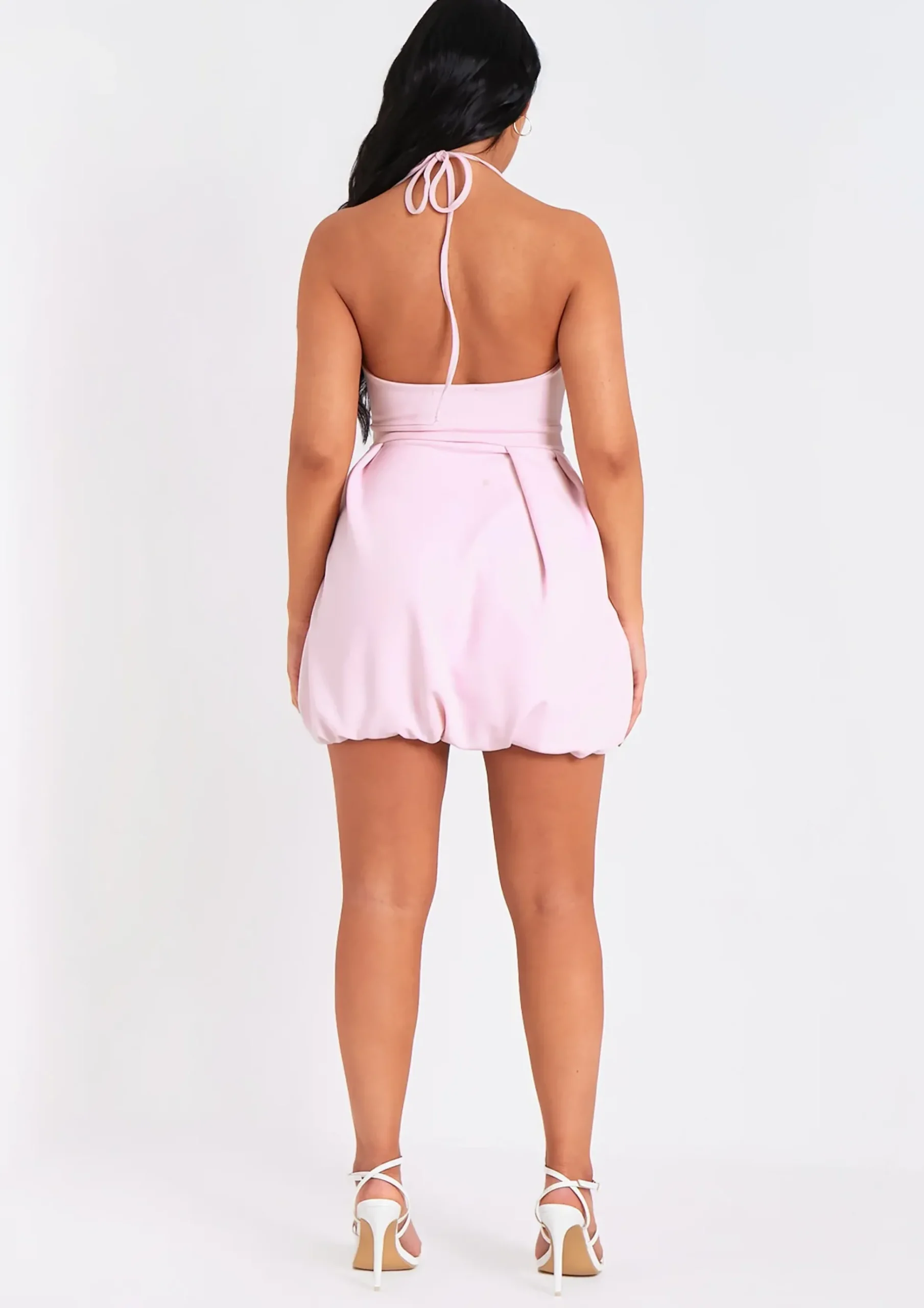 Discount Layla Pink Scuba Puffball Halter Neck Plunge Mini Dress Women Dresses