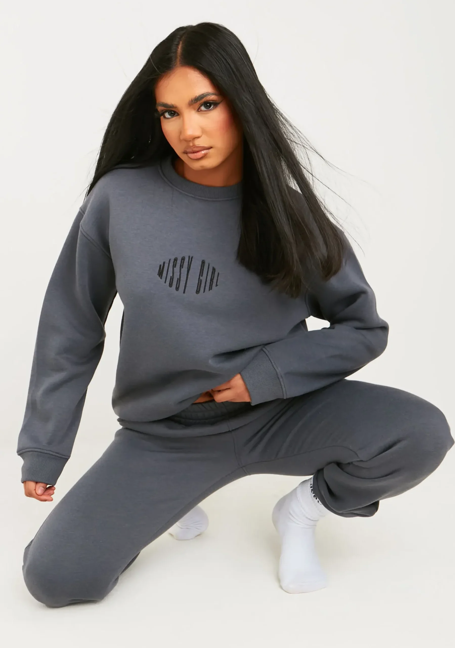Sale Leah Charcoal Missy Girl Embroidered Oversized Sweatshirt Women Tracksuits