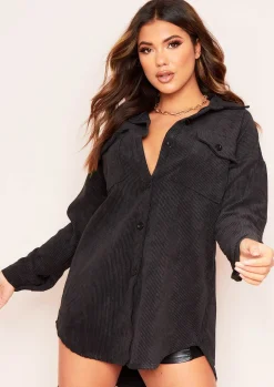 Leah Black Oversized Pocket Front Cord Button Shirt^Missy Empire New