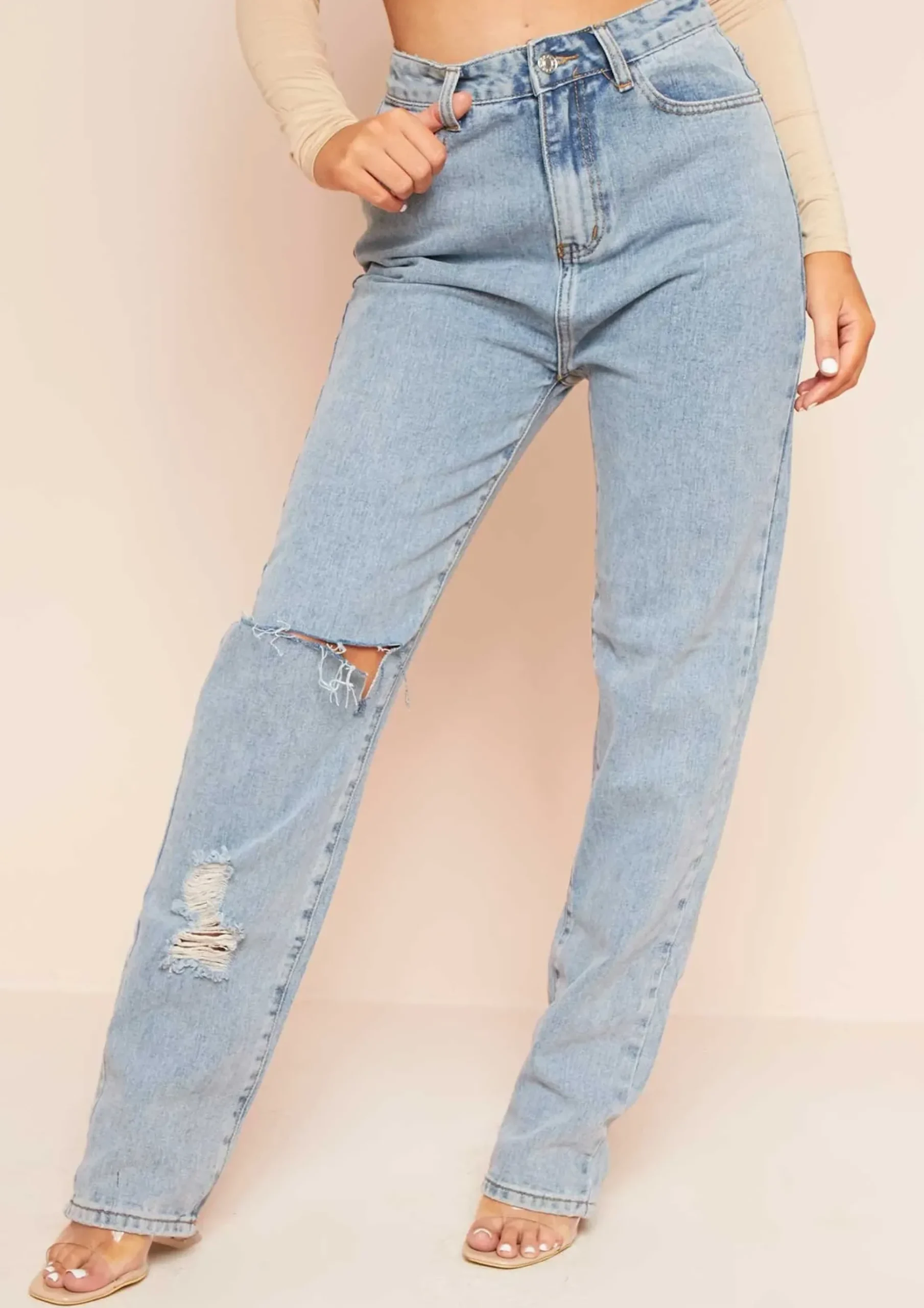 Leana Denim Distressed Knee Rip Jeans^Missy Empire Fashion