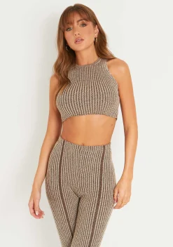 Leia Brown Contrast Knit Racer Crop Top^Missy Empire New