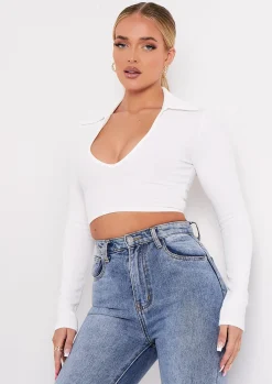 Leona Cream V Neck Collar Ribbed Crop Top^Missy Empire Sale