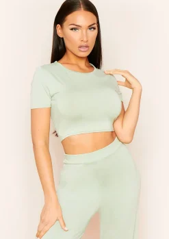 Liana Sage Mix & Match Smooth Cropped T-Shirt^Missy Empire Online