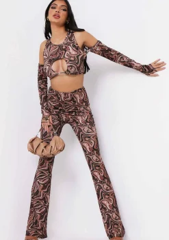 Cheap Lianna Brown Print High Waisted Flared Trousers Co-Ord Women Trousers