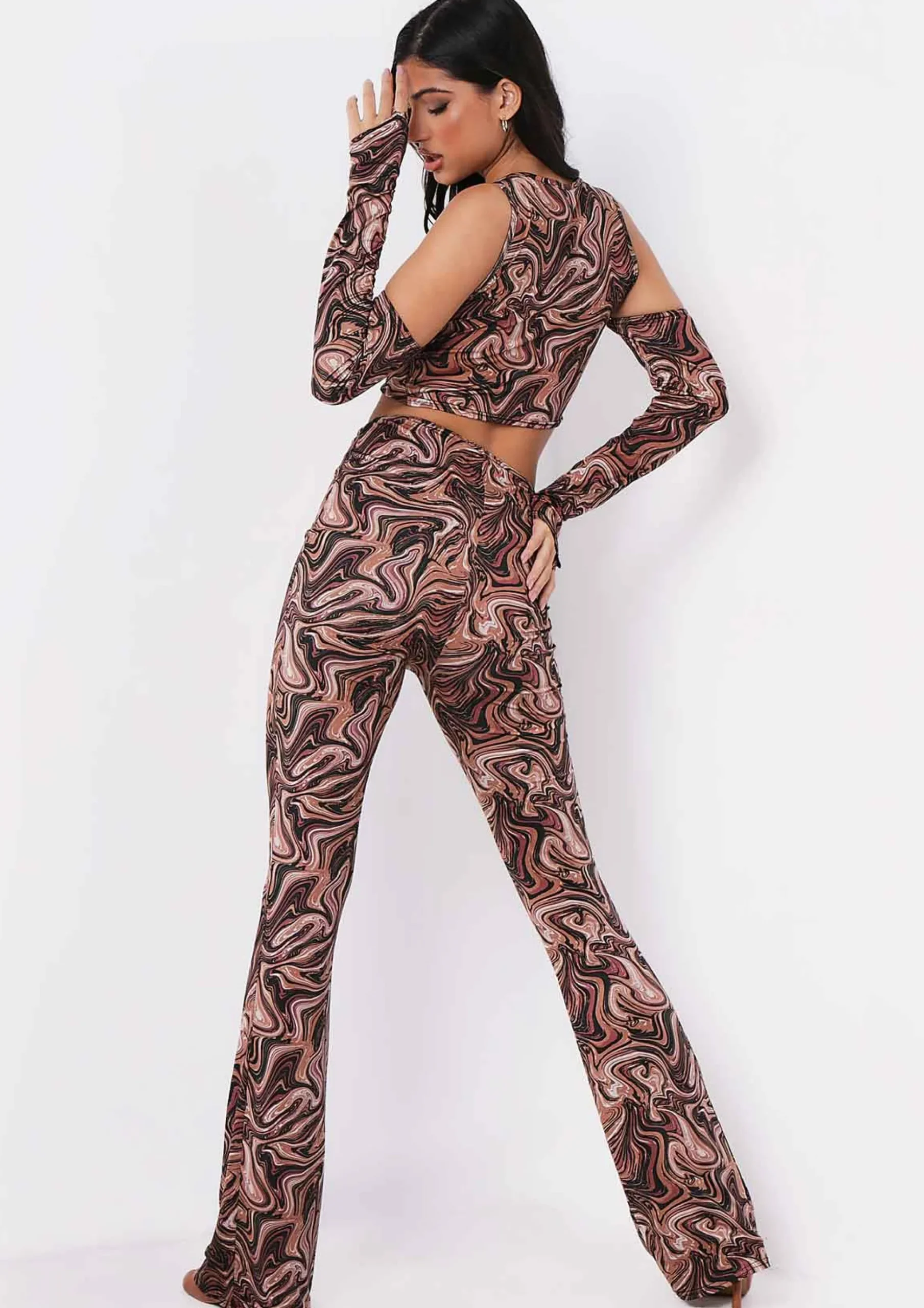 Cheap Lianna Brown Print High Waisted Flared Trousers Co-Ord Women Trousers