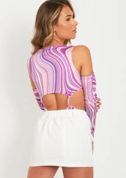 Libby Printed Double Layer Slinky Cut Out Bodysuit With Separate Sleeves^Missy Empire New