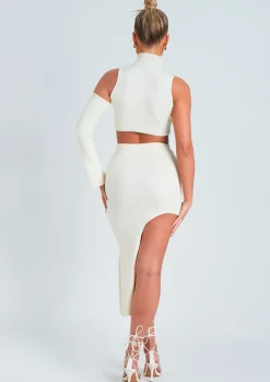 Liberty Cream Side Split Knitted Midi Skirt^Missy Empire Shop