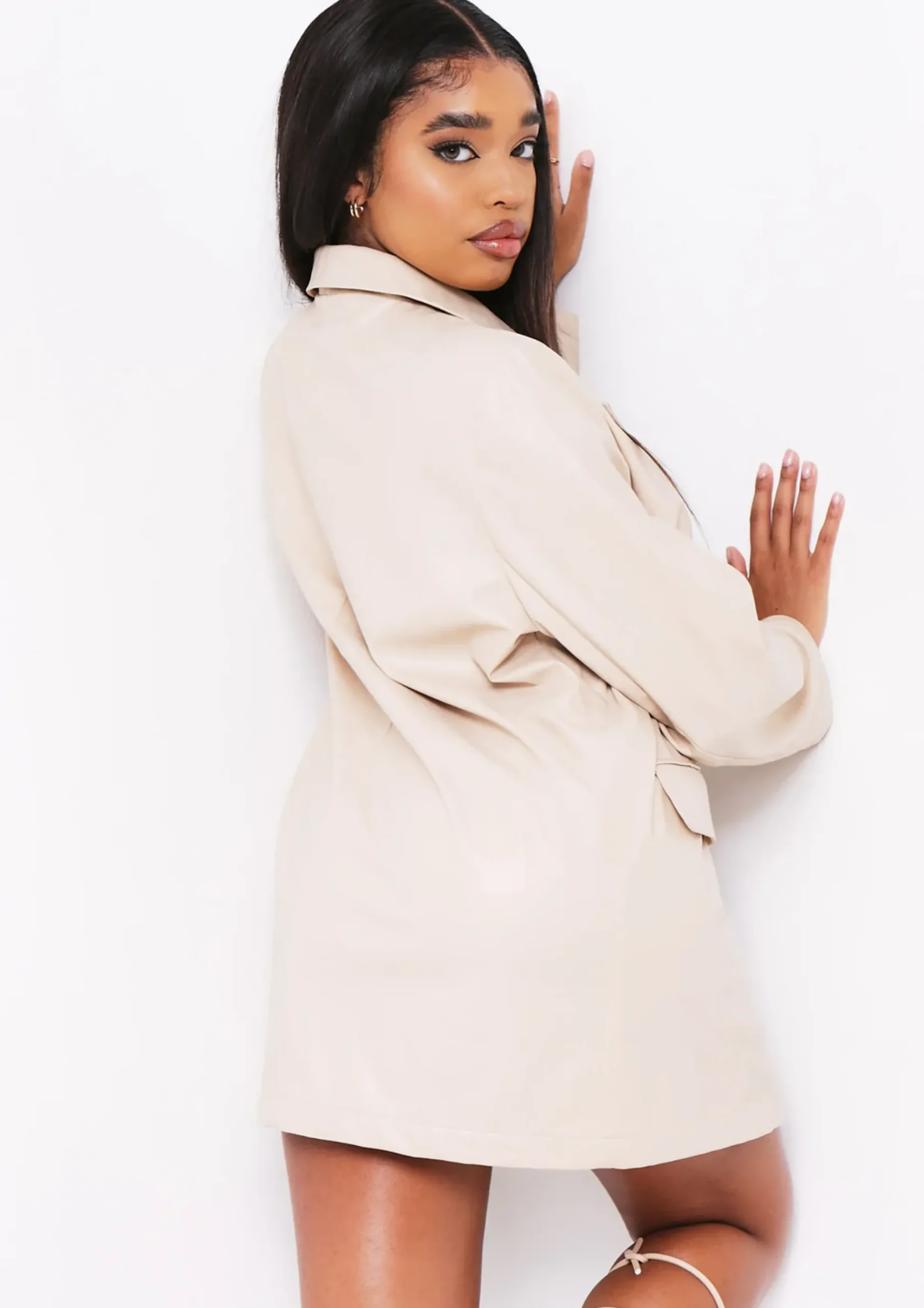Store Lillie Beige Faux Leather Oversized Blazer Dress Women Dresses
