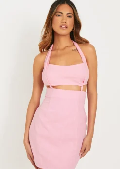 Store Lillie Pink Linen Halter Neck Cut Out Mini Dress Women Dresses