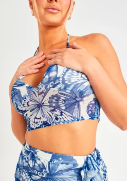 Lily Blue Butterfly Print Halter Neck Mesh Top^Missy Empire Clearance