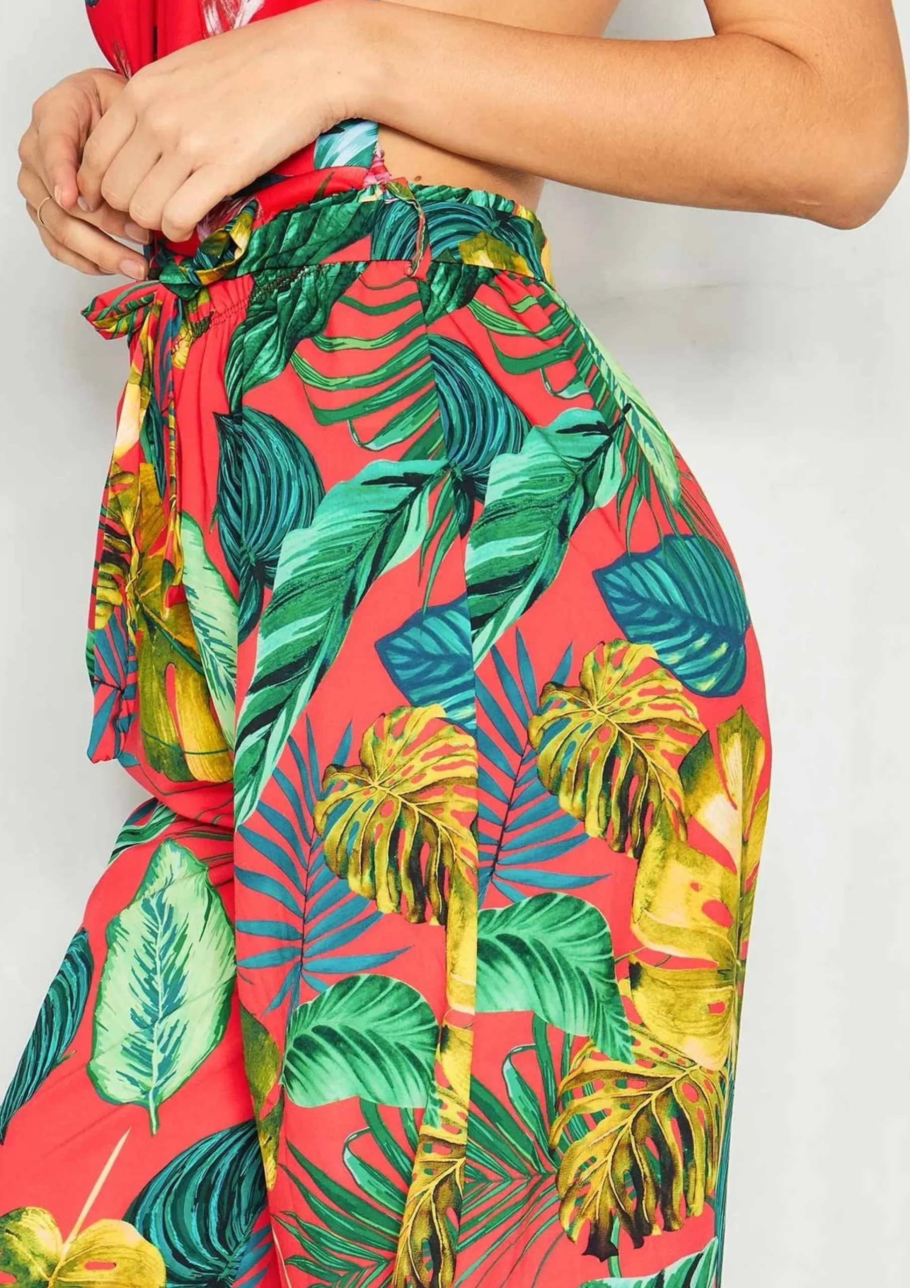 Shop Linda Red Palm Print Flare Trousers Women Trousers