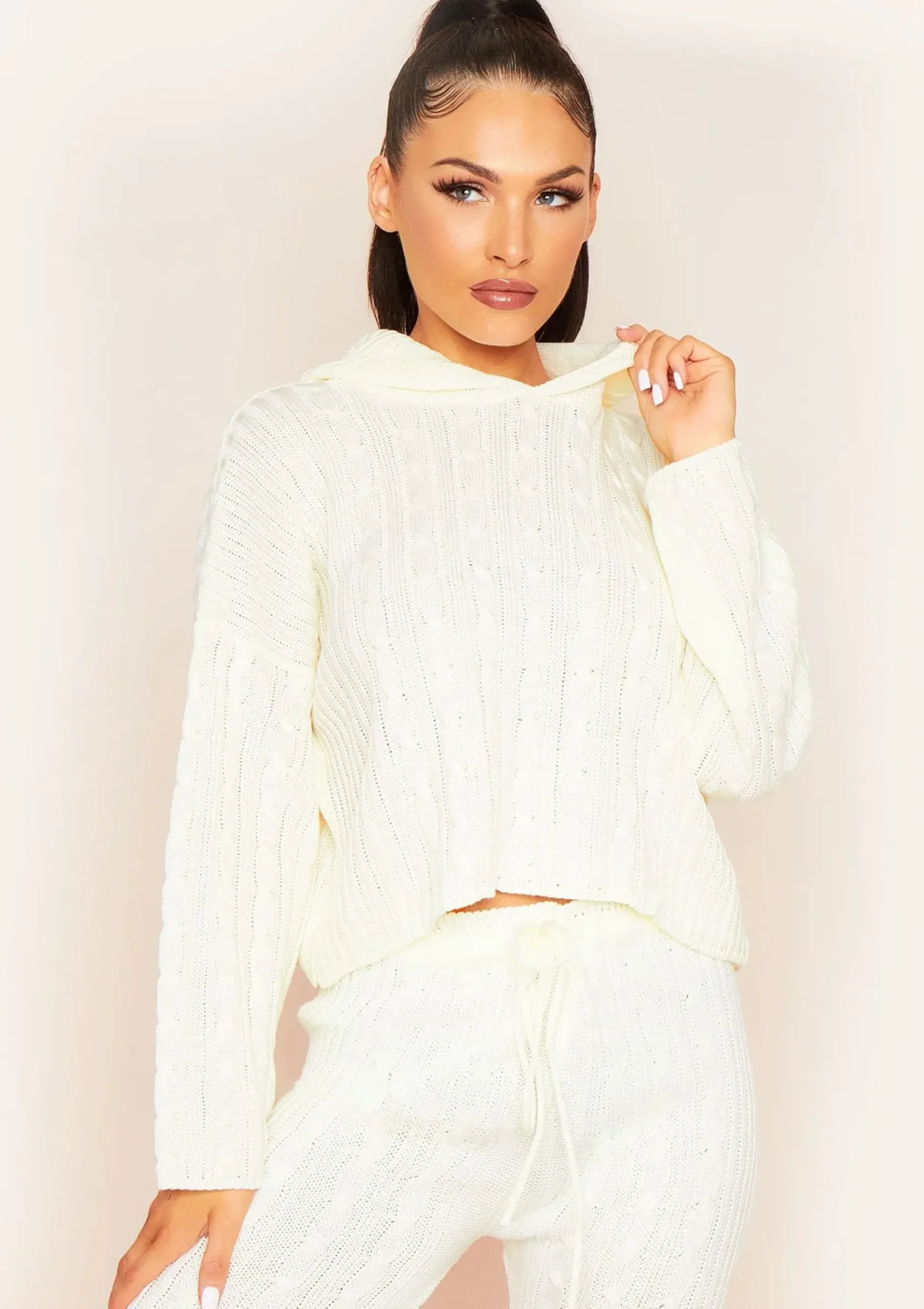 Clearance Lisa Cream Cable Knitted Hoodie Co-Ord Set Women Loungewear