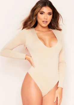 Lisa Beige Long Sleeve Plunge Bodysuit^Missy Empire Store