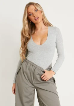 Lisa Grey Marl Long Sleeve Plunge Bodysuit^Missy Empire Shop