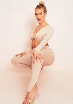 Clearance Lola Beige Split Hem Leggings Women Leggings