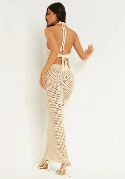 Best Lola Neutral Two Tone Crochet Maxi Dress Women Dresses