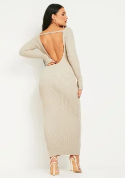 Store Lori Oatmeal Rib Knit Long Sleeve Backless Midaxi Dress Women Dresses
