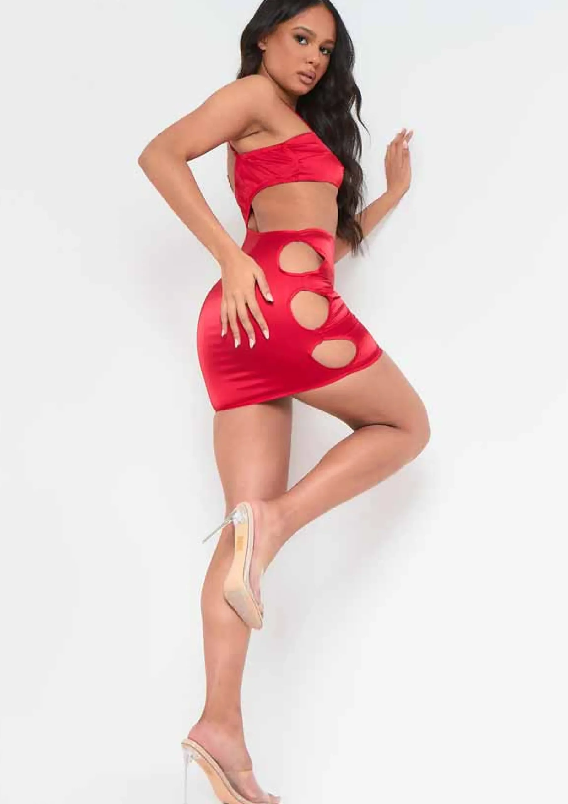 Sale Lorna Red Satin Cut Out Side Mini Dress Women Dresses