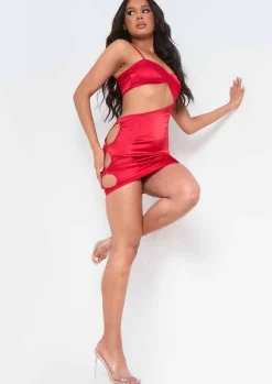 Sale Lorna Red Satin Cut Out Side Mini Dress Women Dresses