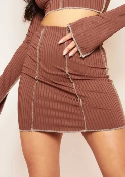 Louana Chocolate Contrast Stitch Ribbed Mini Skirt^Missy Empire Clearance