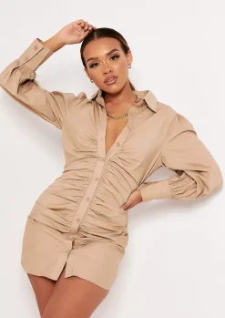 Cheap Lucia Beige Ruched Front Mini Shirt Dress Women Dresses