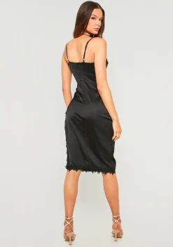 Store Lucie Black Satin Midi Dress With Lace Split Women Dresses