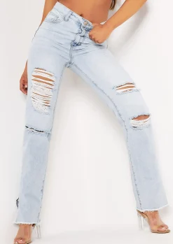 Lucie Denim Light Wash Distressed Split Raw Hem Jeans^Missy Empire Online