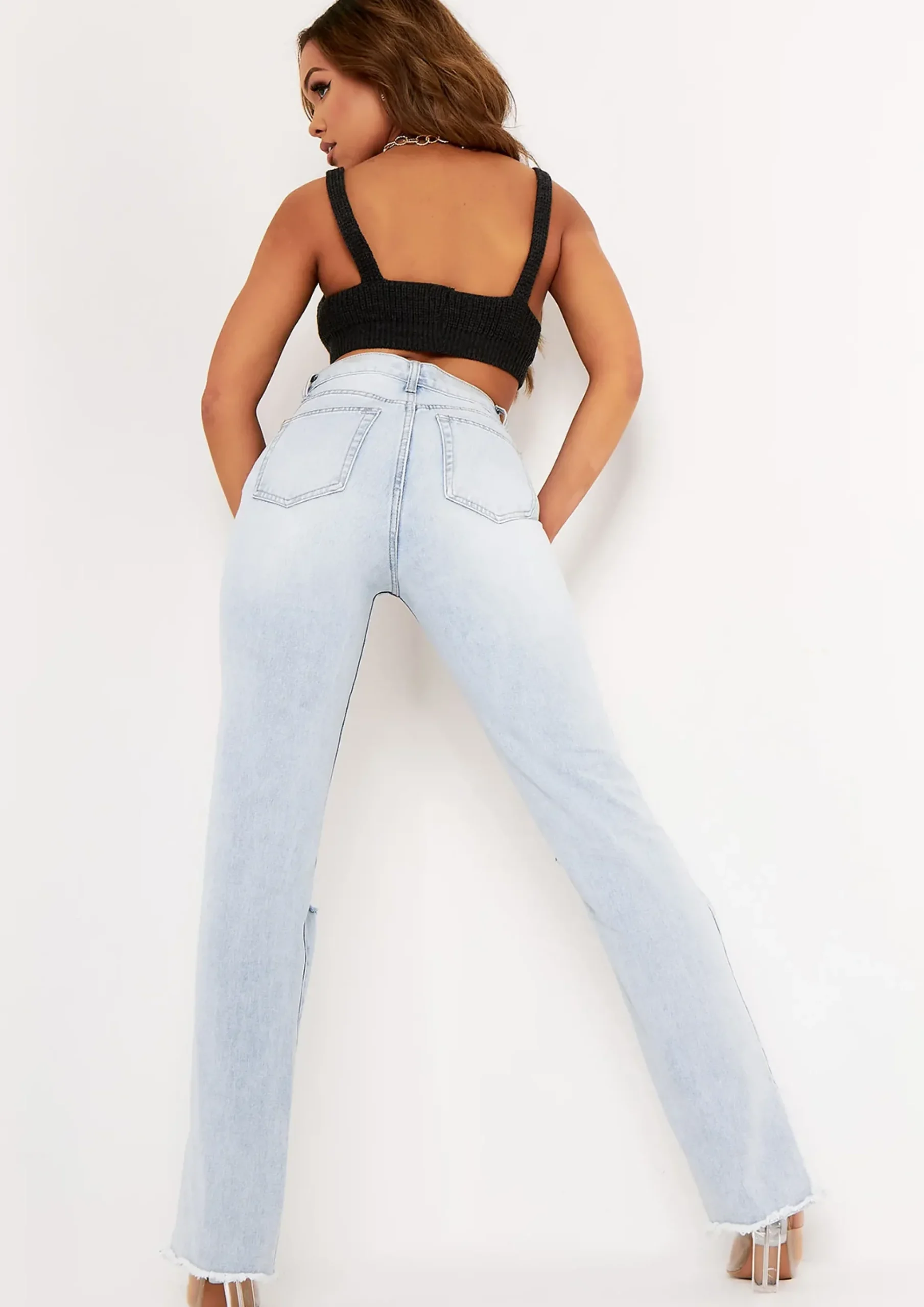 Lucie Denim Light Wash Distressed Split Raw Hem Jeans^Missy Empire Online