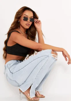 Lucie Denim Light Wash Distressed Split Raw Hem Jeans^Missy Empire Online