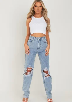 Lucie Light Blue Ripped Straight Leg Jeans^Missy Empire Shop
