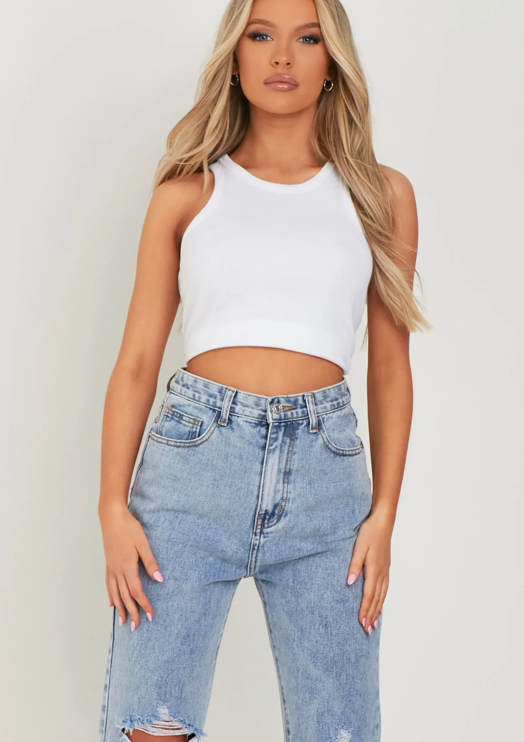 Lucie Light Blue Ripped Straight Leg Jeans^Missy Empire Shop